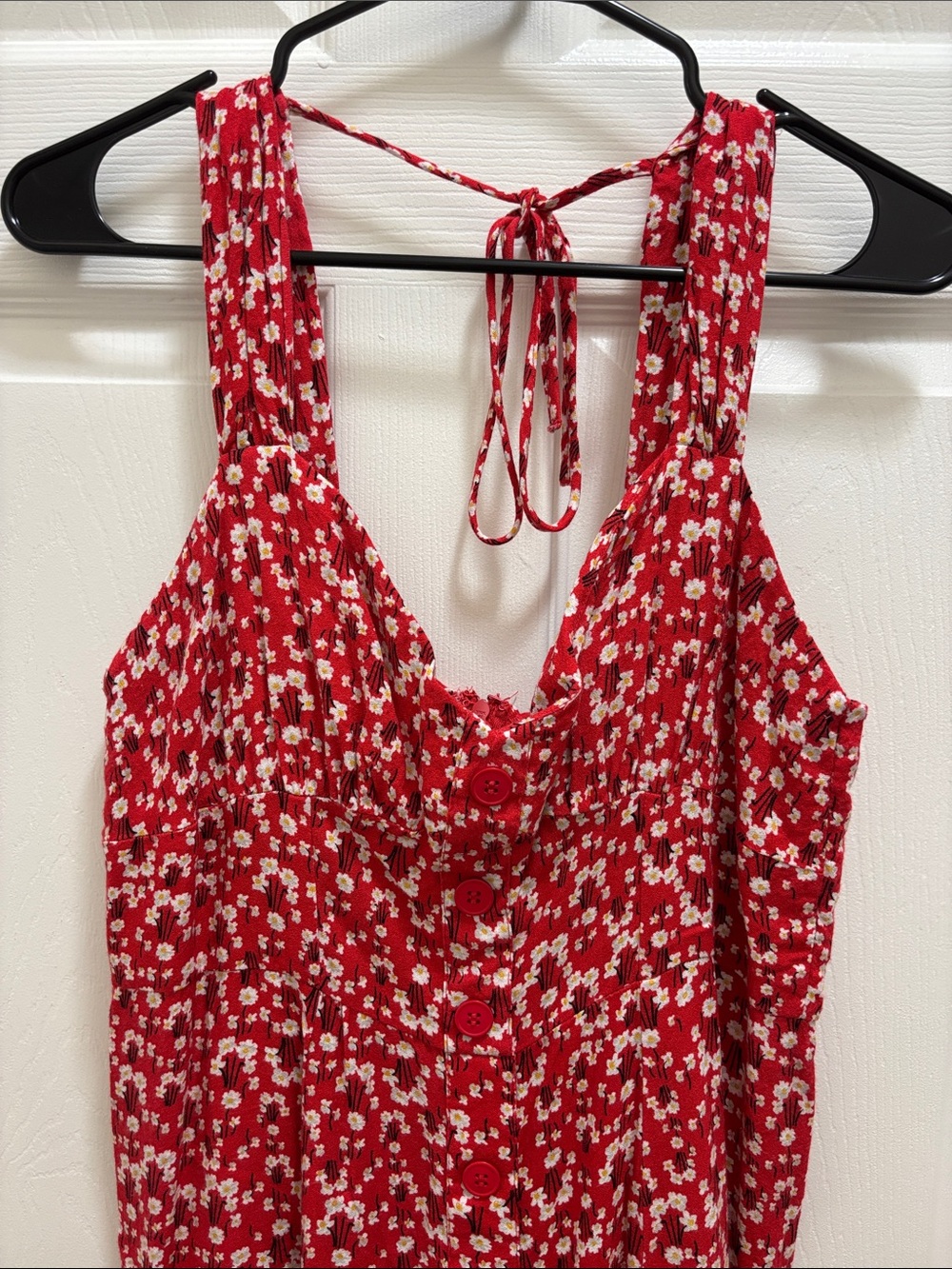 Red Floral Midi Dress with Button Front